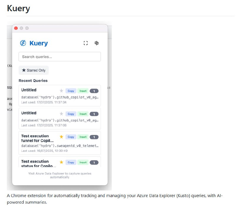 Kuery：专为 Azure Data Explorer (Kusto) 查询设计的 Chrome 扩展，智能追踪与管理，助力高效数据分析