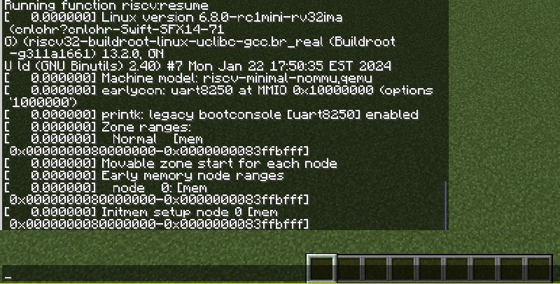 在Minecraft 里跑一个linux | Linux in Minecraft这个项目基于Minecraft 1.20.6版本，利用cbscript脚本语言实现RISC-V I+M+A+Zicsr+Zifencei模拟器，并使用Minecraft的计分板和数据存储来模拟内存和存储