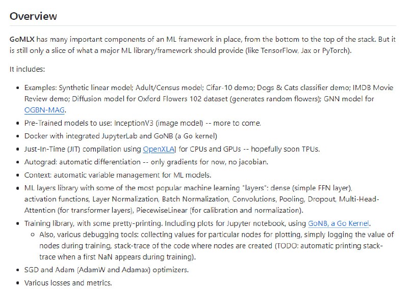 GoMLX：Go语言加速机器学习库，提供类似PyTorch/Jax/Tensorflow的体验，支持CPU和GPU的即时编译