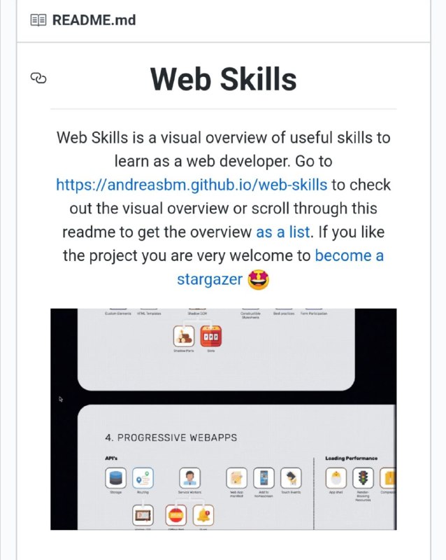 #可视化 学 #web ：web-skills 收录了有用的 web 开发技巧，它采用了可视化界面方便你查看到所有收录的 web 开发技能