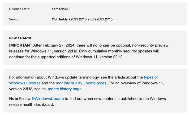 IT之家：微软在月初正式推出了 Windows 11 的“大更新”版本 Windows 11 23H2，目前该公司正准备告别此前的 22H2 版本