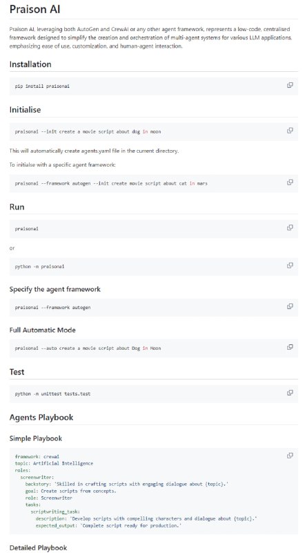 Praison AI：将 AutoGen 和 CrewAI 或类似框架集成到一个低代码解决方案中，用于构建和管理多智能体 LLM 系统，重点放在简单性、定制化和高效人机协同上
