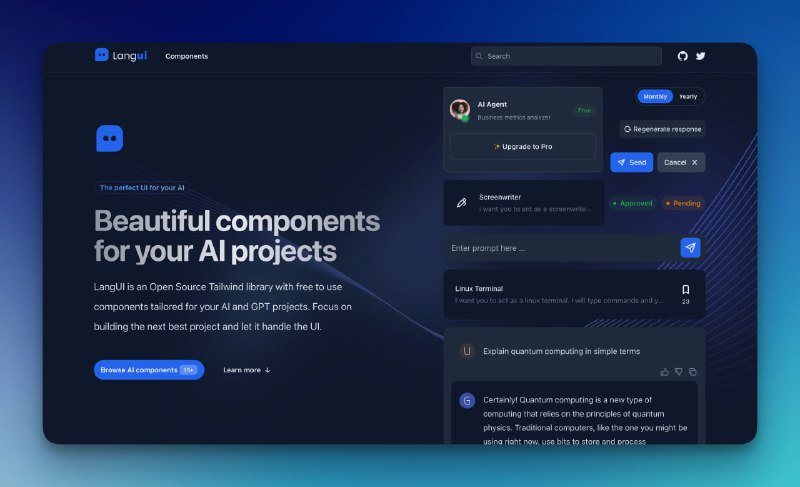 LangUI：一个基于 Tailwind，专门为 AI 和 GPT 项目定制的开源组件库，目前有 60 多个组件可使用
