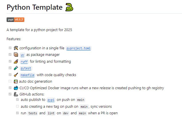 Python Template：一个为2025年准备的Python项目模板，集成了项目配置、包管理、代码检查、测试和文档生成等功能，旨在简化Python项目的开发流程
