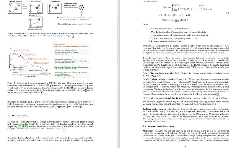 HeurAgenix：一个创新的两阶段LLM驱动超启发式框架 | #框架它通过让LLM从对比解中学习进化策略来自动改进启发式算法，并结合LLM引导和测试时扩展技术自适应地选择当前最优启发式进行问题求解，同时通过新的双奖励机制有效解决了轻量级选择器在噪声监督下的微调难题，显著提升了组合优化问题的求解性能和自动化水平