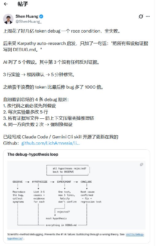 AI 调试新思路：别硬堆算力，先建立单点真理来源 | 帖子通过引入外部文档记录假设与证据，可以有效防止 AI 在长上下文压缩中丢失推理链