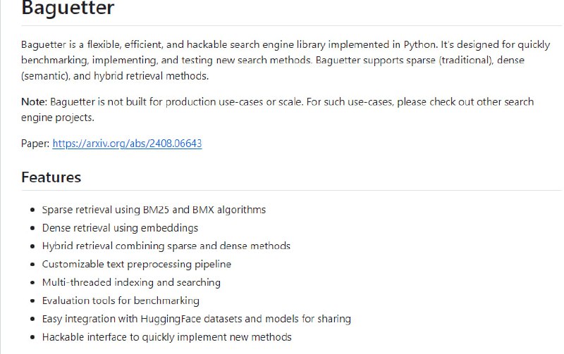 Baguetter：灵活高效的Python搜索引擎库，支持快速基准测试、实现和测试新的搜索方法，包括稀疏、密集和混合检索技术
