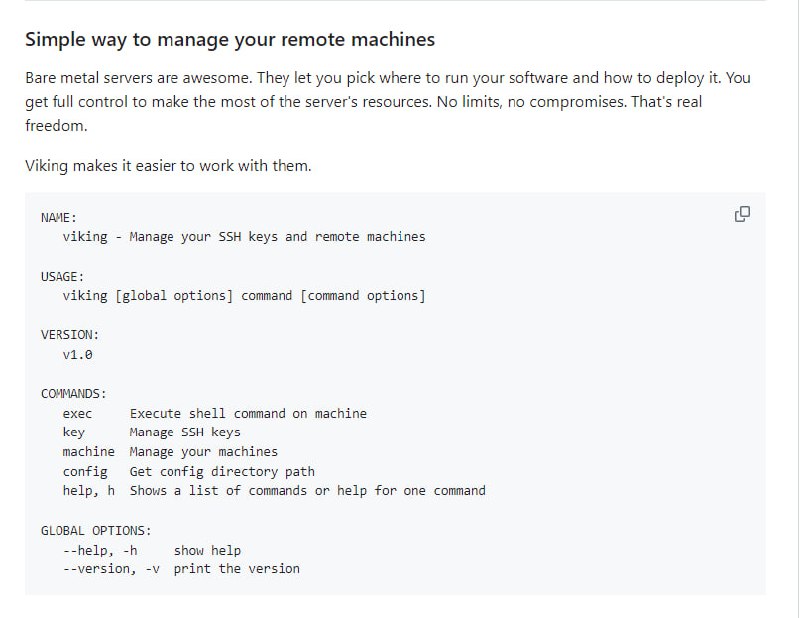 远程机器和SSH密钥管理的简化工具，提供对裸机服务器的全面控制和部署自由，无需任何妥协Viking | #工具