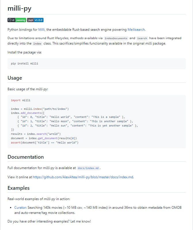 milli-py：Rust嵌入式搜索引擎Meilisearch的Python接口