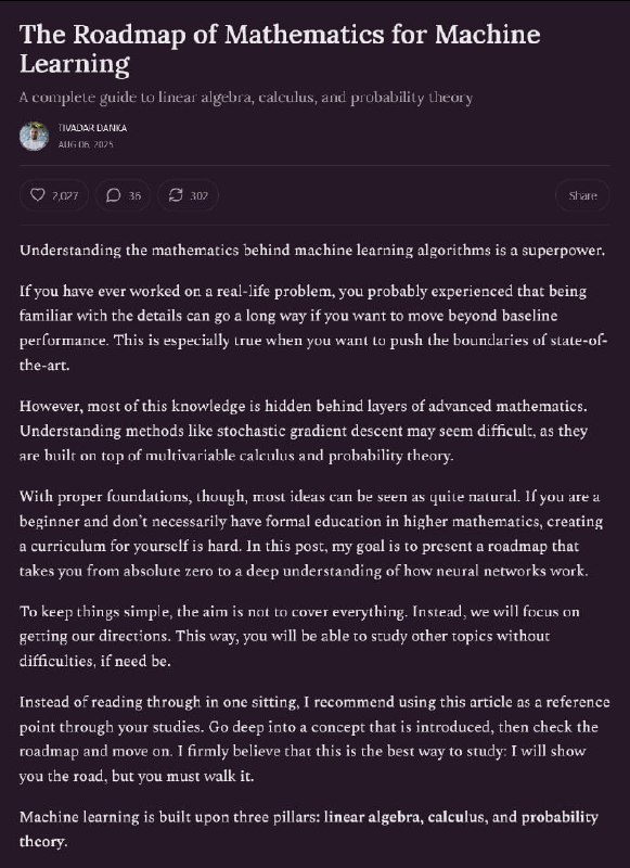 机器学习的数学路线图：The Roadmap of Mathematics for Machine Learning这篇长文会帮助读者理解机器学习背后的数学基础，特别是线性代数、微积分和概率论