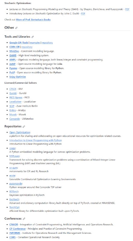 一个（大部分）免费和开放的数学优化教育资源的精选列表 | Awesome Optimization Courses此列表涵盖了有关离散和组合优化、运筹学、线性和非线性规划、整数规划、约束规划、凸优化、连续优化或无约束优化的主题