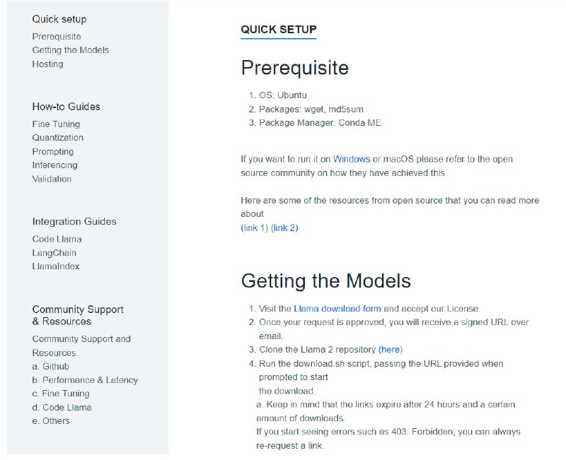 (Meta官方) Llama 2 快速入门指南 | link | #指南包括获取模型、托管、使用指南等方面内容，提供了在AWS、GCP、Hugging Face等平台上托管Llama 2的详细步骤，将Llama 2与Code Llama、LangChain等框架集成的指南讲解利用量化和验证技术来评估微调效果