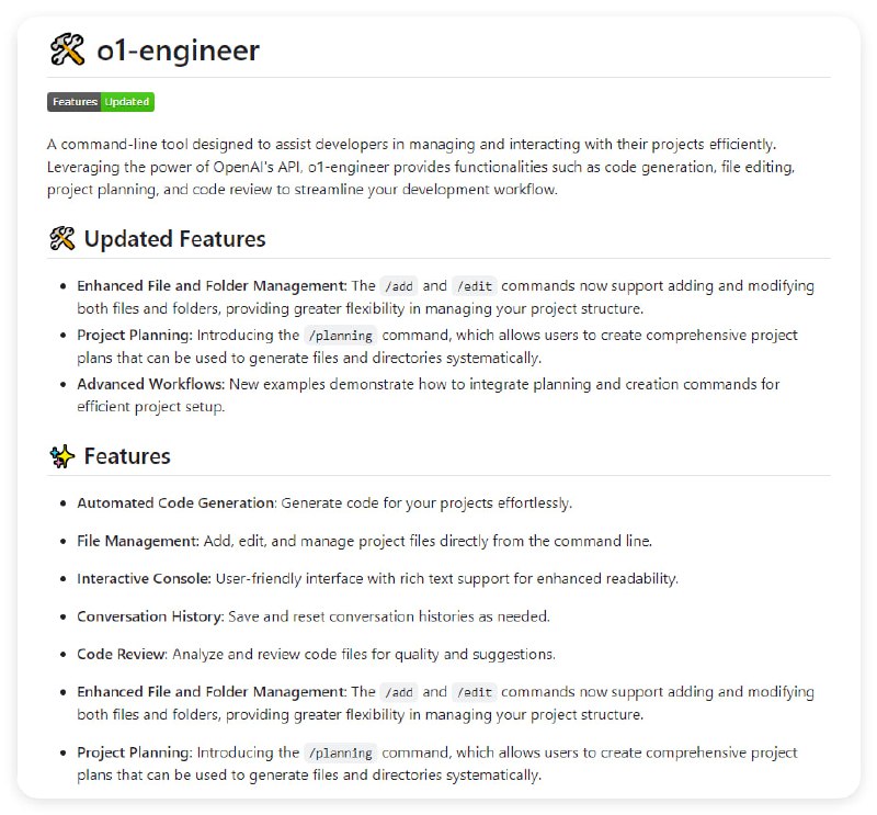 一个基于命令行的工具，旨在帮助开发者高效地管理和与项目交互，通过集成 OpenAI 的 API，提供代码生成、文件编辑、项目规划等功能，以优化开发流程o1-engineer | #工具一个基于命令行的工具，旨在帮助开发者高效地管理和与项目交互，通过集成 OpenAI 的 API，提供代码生成、文件编辑、项目规划等功能，以优化开发流程o1-engineer | #工具