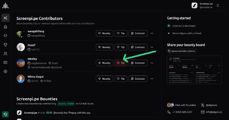 顶尖1%开源工程师招聘平台Algora，重塑技术招聘流程：• 集成Web应用 + GitHub App + 支付处理，覆盖职位发布、合同管理、赏金激励及合规支付  • 自动展示开发者顶尖OSS贡献，招聘方可基于开源表现自动筛选和排名候选人  • 支持全职与合同制岗位匹配，结合技术栈、预算、地理位置实现智能匹配  • 赏金机制助力OSS社区与闭源团队激励贡献者，合同管理实现基于成果的支付  • 支持面试环节通过赏金任务验证候选人真实能力，贡献优先入职提升团队效率  • 未来支持多平台集成（GitLab、Linear等）、多支付方式（支付宝、Wise、加密货币）和多端客户端（移动、桌面、CLI）  • 开源自托管，灵活满足不同团队需求，技术栈基于Elixir/Phoenix，易上手且高性能顶尖1%开源工程师招聘平台Algora，重塑技术招聘流程：• 集成Web应用 + GitHub App + 支付处理，覆盖职位发布、合同管理、赏金激励及合规支付  • 自动展示开发者顶尖OSS贡献，招聘方可基于开源表现自动筛选和排名候选人  • 支持全职与合同制岗位匹配，结合技术栈、预算、地理位置实现智能匹配  • 赏金机制助力OSS社区与闭源团队激励贡献者，合同管理实现基于成果的支付  • 支持面试环节通过赏金任务验证候选人真实能力，贡献优先入职提升团队效率  • 未来支持多平台集成（GitLab、Linear等）、多支付方式（支付宝、Wise、加密货币）和多端客户端（移动、桌面、CLI）  • 开源自托管，灵活满足不同团队需求，技术栈基于Elixir/Phoenix，易上手且高性能