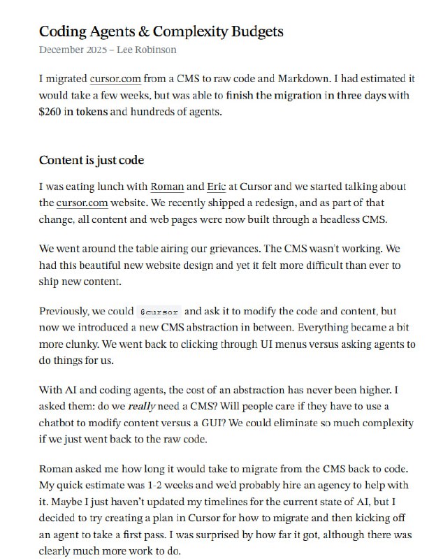 Cursor公司的 Lee Robinson分享了他将Cursor.com网站从CMS迁移到原始代码和Markdown的经历