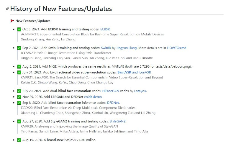 BasicSR (Basic Super Restoration) 是一个基于 PyTorch 的开源图像视频复原工具箱, 比如 超分辨率, 去噪, 去模糊, 去 JPEG 压缩噪声等.项目地址 | #工具