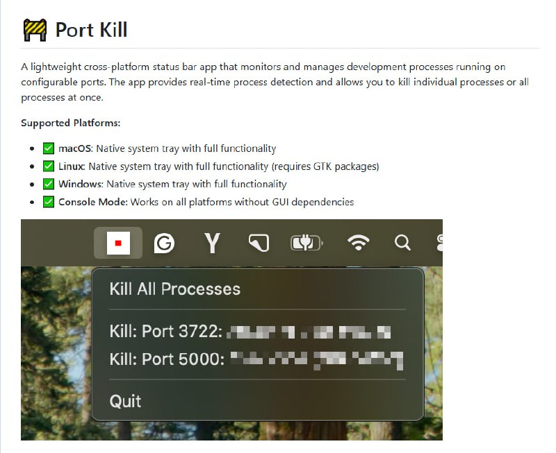 Port Kill：macOS 状态栏轻量级开发端口监控工具，专为监控和管理 2000-6000 端口上的开发进程设计