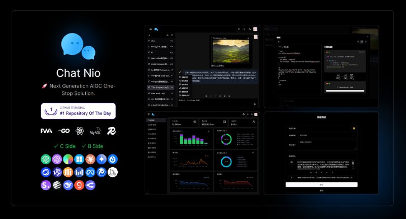 Chat Nio：下一代AI一站式国际解决方案，支持多模型对话分享、自定义预设、云端同步、模型市场，具备弹性计费和订阅计划模式，支持图片解析、联网搜索、模型缓存，提供丰富美观的后台管理与数据统计功能Chat Nio：下一代AI一站式国际解决方案，支持多模型对话分享、自定义预设、云端同步、模型市场，具备弹性计费和订阅计划模式，支持图片解析、联网搜索、模型缓存，提供丰富美观的后台管理与数据统计功能