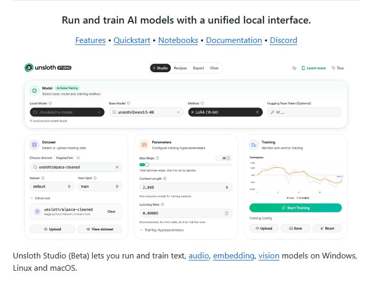 Unsloth Studio开源：一个界面搞定LLM训练和运行 |#工具Unsloth团队推出开源Web UI工具Unsloth Studio，支持在Mac、Windows和Linux上本地训练和运行500+个LLM模型，训练速度提升2倍，显存占用减少70%