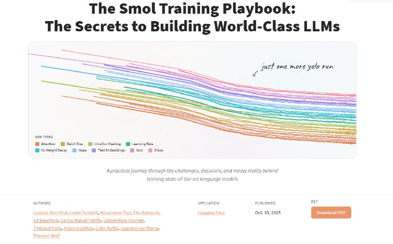 Smol训练手册：构建世界级大规模语言模型的秘诀 | #电子书 #手册 #机器学习这是一本关于高效训练机器学习模型的指南，主要聚焦于小规模、高效训练方法