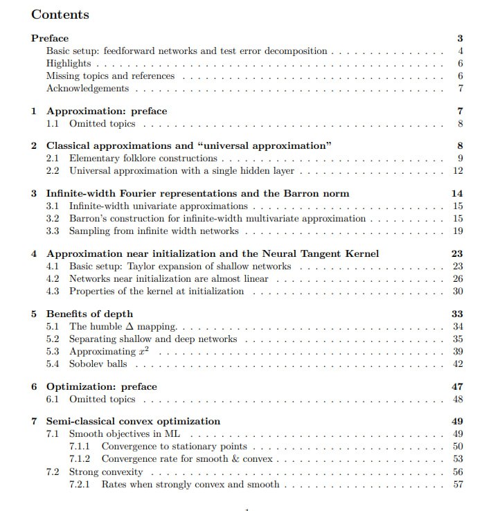 Deep learning theory lecture notes：深度学习理论讲义笔记本文系统梳理了深度学习理论的经典视角，涵盖了近似、优化和泛化三大核心主题，重点关注标准前馈ReLU网络的二分类问题，并力求简明呈现文献中的关键证明与思路