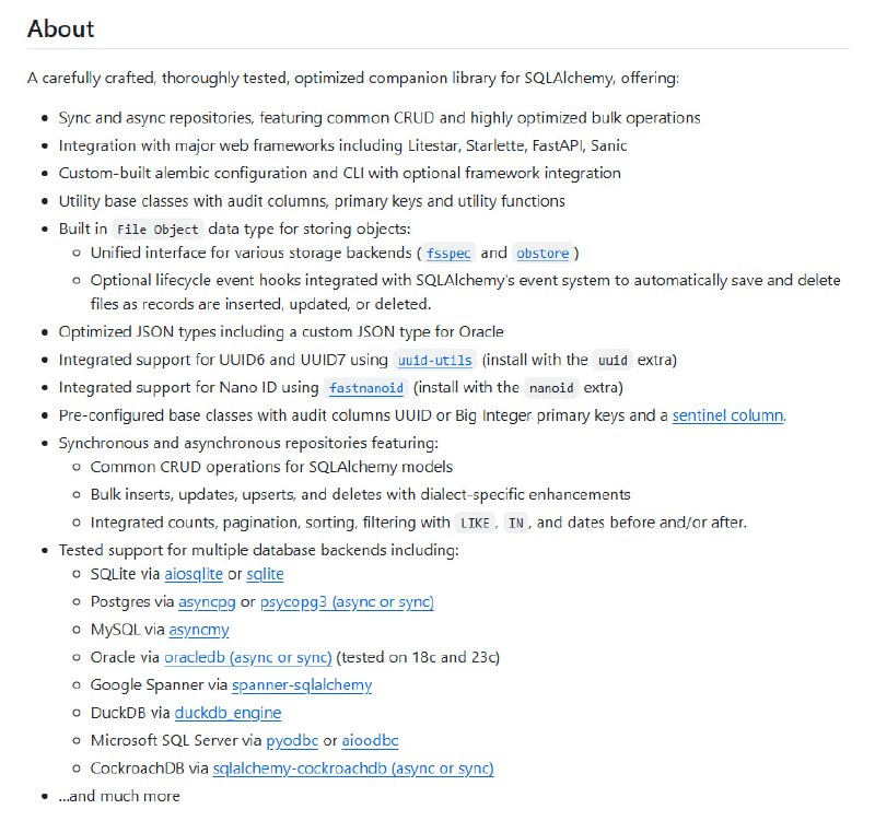 Advanced Alchemy：为SQLAlchemy量身打造的高效伴侣库，让数据库操作更轻松同步与异步仓库支持，涵盖CRUD及优化的批量操作；集成主流Web框架，如Litestar、FastAPI、Flask等；提供多达95个版本的稳定支持，适配多种数据库后端Advanced Alchemy：为SQLAlchemy量身打造的高效伴侣库，让数据库操作更轻松同步与异步仓库支持，涵盖CRUD及优化的批量操作；集成主流Web框架，如Litestar、FastAPI、Flask等；提供多达95个版本的稳定支持，适配多种数据库后端
