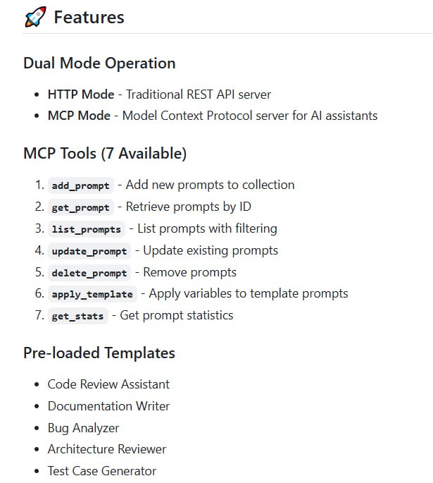 MCP Prompts Server：专为 LLM 交互设计的高扩展性提示管理平台，基于 Model Context Protocol (MCP) 构建，助力 AI 助理和开发者高效管理与复用提示模板