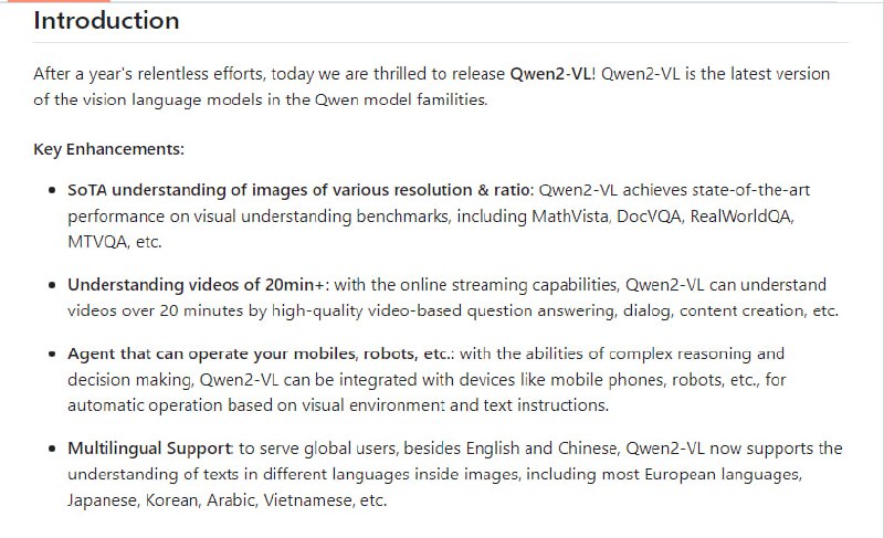 Qwen2-VL：阿里巴巴云计算团队开发的多模态大型语言模型系列，具备处理各种分辨率和比例的图像、理解超过20分钟视频、操作移动设备和机器人、以及支持多语言文本理解等多项先进功能Qwen2-VL：阿里巴巴云计算团队开发的多模态大型语言模型系列，具备处理各种分辨率和比例的图像、理解超过20分钟视频、操作移动设备和机器人、以及支持多语言文本理解等多项先进功能