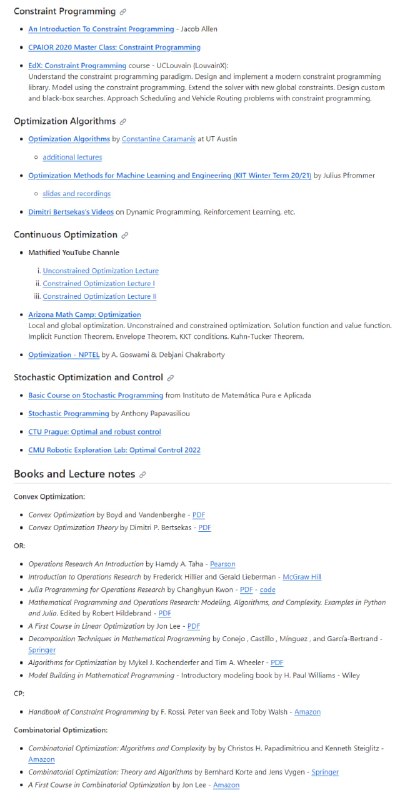 一个（大部分）免费和开放的数学优化教育资源的精选列表 | Awesome Optimization Courses此列表涵盖了有关离散和组合优化、运筹学、线性和非线性规划、整数规划、约束规划、凸优化、连续优化或无约束优化的主题