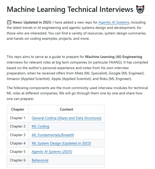 Machine Learning Interviews：一份机器学习工程师面试的指南，作者曾拿到 Meta、Google、Amazon、Apple 等大厂 offer，把自己的面试准备经验整理成了完整的学习路径