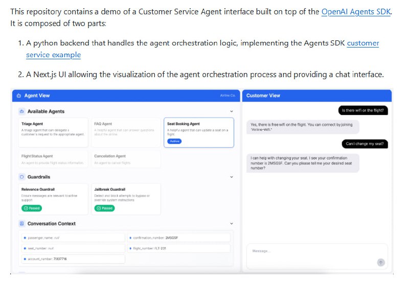 openai-cs-agents-demo：基于OpenAI Agents SDK构建的客户服务Agent演示项目模块化设计，轻松定制和扩展Agent逻辑；智能路由，精准匹配用户需求到对应Agent；支持多种交互场景，涵盖航班查询、座位变更、取消订单等