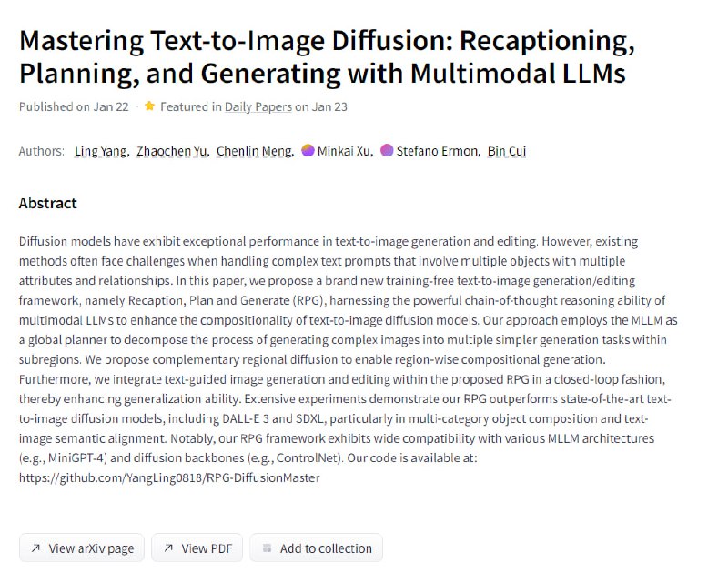 RPG-DiffusionMaster是一个全新的无需训练的文本到图像生成/编辑框架，利用多模态LLM的链式推理能力增强文本到图像扩散模型的组合性