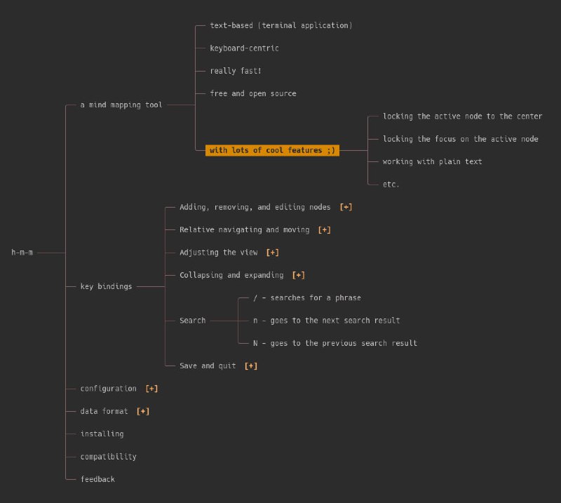 命令行思维导图工具hmm（发音像感叹词“hmm”）是一个简单、快速、以键盘为中心的基于终端的工具，用于处理思维导图