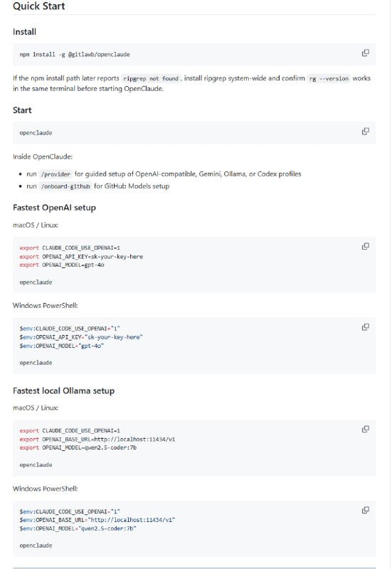 在线使用 Claude Code 进行 AI 编程时，还得受限于单一模型——但现在有了 OpenClaude，这个开源项目帮你打破了这种限制！它基于 Claude Code 开源源码，并新增 OpenAI 兼容 API 适配层，支持接入 GPT-4o、DeepSeek、Gemini、Ollama、本地模型等 200 多款 LLM，一键切换超自由