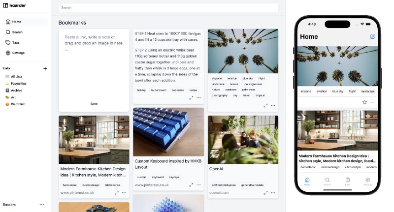 开源 AI 书签管理工具：Hoarder | #工具通过浏览器插件一键保存，AI 自动提取网页标题、描述和图片信息，构建个人内容收藏库
