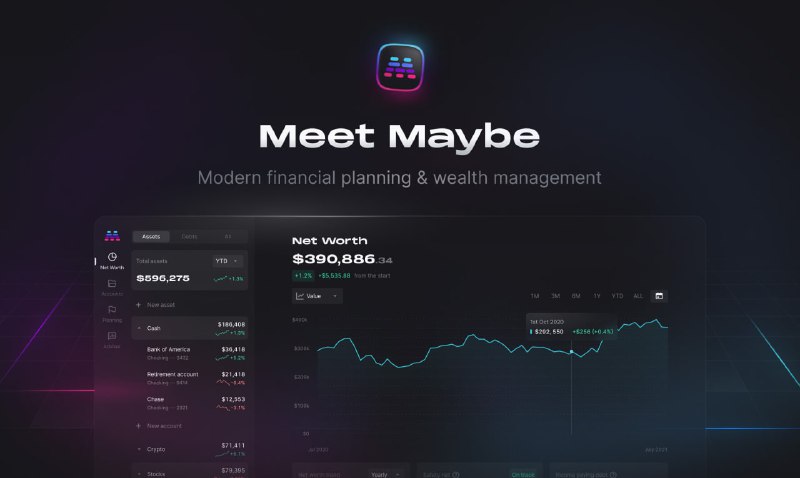 Maybe: 开源个人财务管理应用，提供包括净值跟踪、金融账户同步、投资基准比较、投资组合分配、债务洞察、退休规划、投资回报模拟以及手动账户/投资跟踪等功能