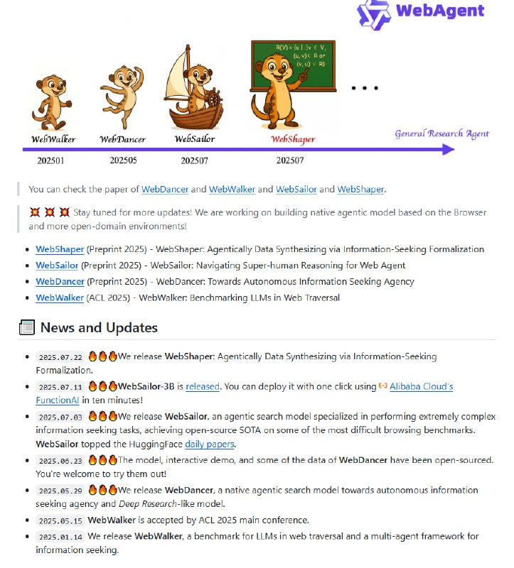 阿里发布的 WebAgent 系列，打造面向信息检索的多智能体生态，推动下一代自主信息寻求技术革新 | link核心产品：WebWalker（ACL 2025 论文）、WebDancer、WebSailor、WebShaper，覆盖从基准测试到复杂推理的全链路能力  • WebShaper：基于信息寻求任务形式化，提出数据合成新方法，刷新 GAIA（60.19）与 WebWalkerQA（52.50）等多个基准最高成绩  • WebSailor：创新后训练策略与强化学习（DUPO），突破超复杂信息检索任务，性能接近商业顶尖系统  • WebDancer：采用 ReAct 框架，构建原生自主搜索推理模型，融合轨迹级监督与强化学习，实现高效冷启动与泛化能力  • WebWalker：为大语言模型设计的 Web 遍历基准和多智能体框架，助力评测与提升网络信息寻求能力  • 生态配套：多阶段训练范式、丰富演示视频、多平台一键部署（含阿里云 FunctionAI），支持快速上手和深度研究  • 长期价值：系统化构建信息寻求代理模型，强调任务形式化与代理智能的内在结合，具备跨任务泛化和行业应用潜力阿里发布的 WebAgent 系列，打造面向信息检索的多智能体生态，推动下一代自主信息寻求技术革新 | link核心产品：WebWalker（ACL 2025 论文）、WebDancer、WebSailor、WebShaper，覆盖从基准测试到复杂推理的全链路能力  • WebShaper：基于信息寻求任务形式化，提出数据合成新方法，刷新 GAIA（60.19）与 WebWalkerQA（52.50）等多个基准最高成绩  • WebSailor：创新后训练策略与强化学习（DUPO），突破超复杂信息检索任务，性能接近商业顶尖系统  • WebDancer：采用 ReAct 框架，构建原生自主搜索推理模型，融合轨迹级监督与强化学习，实现高效冷启动与泛化能力  • WebWalker：为大语言模型设计的 Web 遍历基准和多智能体框架，助力评测与提升网络信息寻求能力  • 生态配套：多阶段训练范式、丰富演示视频、多平台一键部署（含阿里云 FunctionAI），支持快速上手和深度研究  • 长期价值：系统化构建信息寻求代理模型，强调任务形式化与代理智能的内在结合，具备跨任务泛化和行业应用潜力