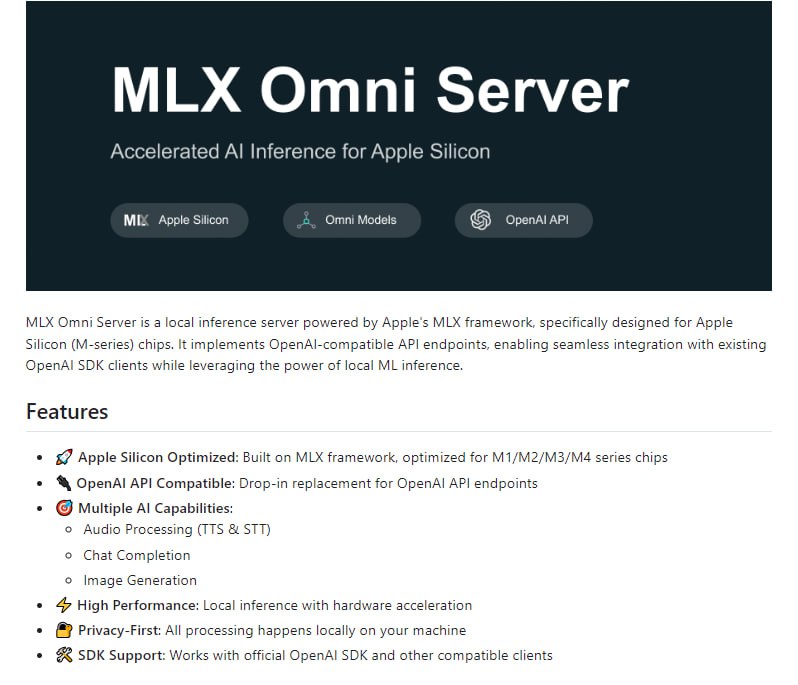 MLX Omni Server：一款基于苹果MLX框架的本地推理服务器，专为Apple Silicon芯片优化设计