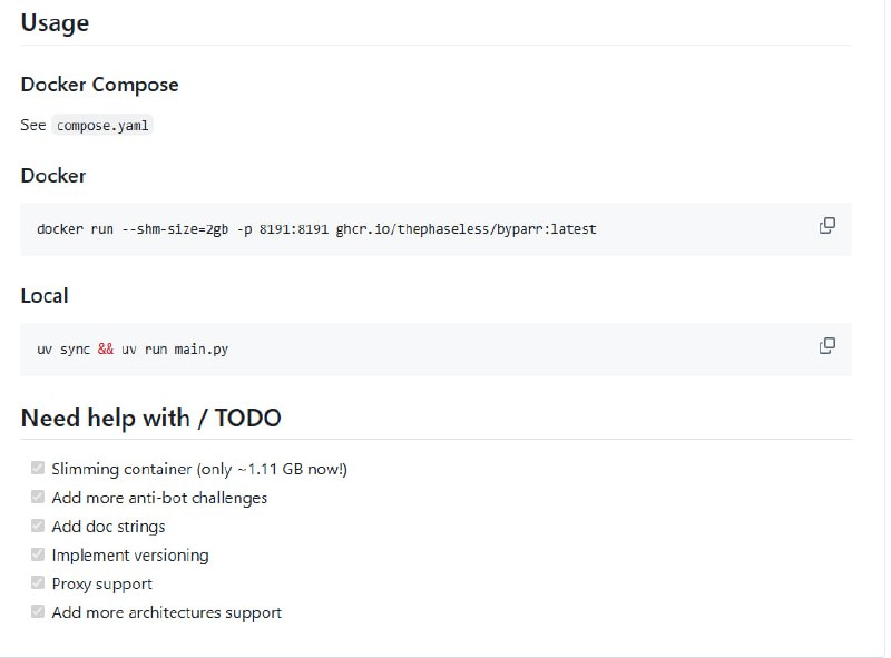 Byparr：专为绕过 Cloudflare 等反爬机制设计的 HTTP Cookie 和 Headers 生成工具，基于 seleniumbase 与 FastAPI，接口兼容 FlareSolverr