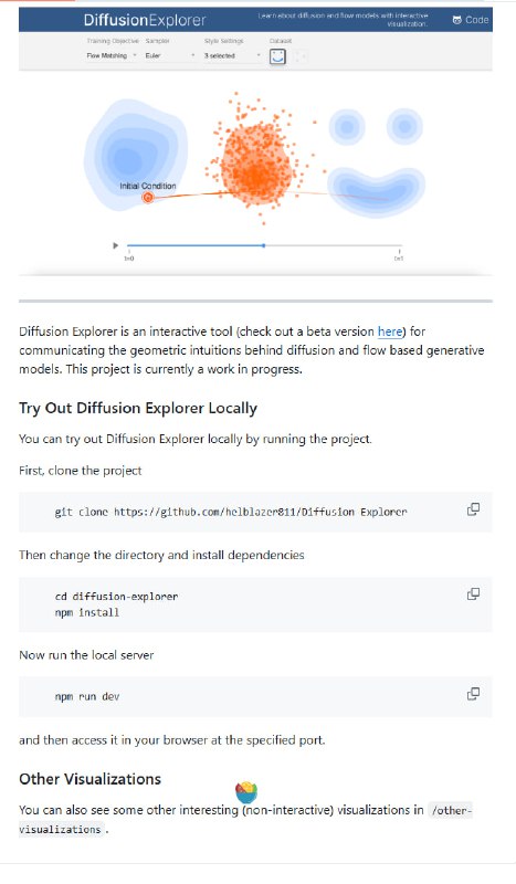 一个通过交互式可视化帮助理解扩散模型理论的工具提供直观的几何直观展示，帮助快速理解复杂理论；支持本地运行，方便开发者自行测试和探索；包含多个有趣且非交互式的额外可视化内容Diffusion Explorer | #工具