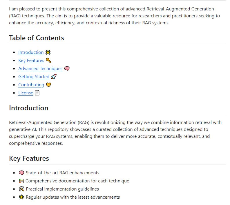 RAG_Techniques: 先进的检索增强生成系统技术集，为研究人员和实践者提供准确、高效、内容丰富的检索增强生成系统资源，包括关键技术文档、实用实现指南和定期更新的最新进展