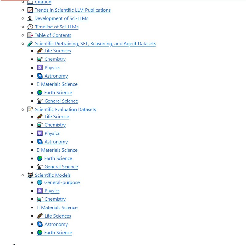 Awesome-Scientific-Datasets-and-LLMs：科学大模型与数据集全景汇总，助力科研智能化升级：• 涵盖多学科：生命科学🧬、化学⚗️、物理⚛️、天文🌌、材料学🪨、地球科学🌍、神经科学等核心领域，资源丰富全面