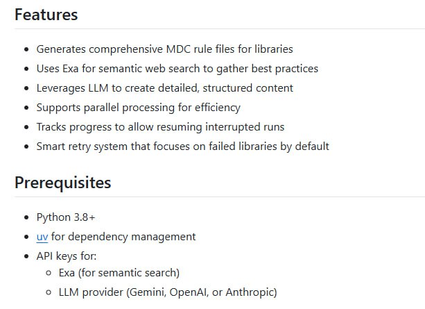 为开发者提供高效生成Cursor MDC规则文件的工具利用Exa进行语义搜索，结合LLM生成高质量内容；支持并行处理，大幅提升效率；自动跟踪进度，可随时中断并恢复运行Awesome Cursor Rules MDC | #工具为开发者提供高效生成Cursor MDC规则文件的工具利用Exa进行语义搜索，结合LLM生成高质量内容；支持并行处理，大幅提升效率；自动跟踪进度，可随时中断并恢复运行Awesome Cursor Rules MDC | #工具