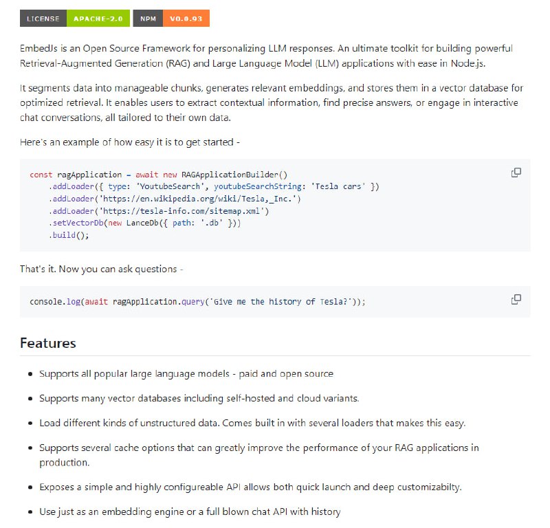 Node.js上的RAG框架，简化与大型语言模型（LLM）和嵌入工作的流程，支持个性化LLM响应EmbedJs | #框架