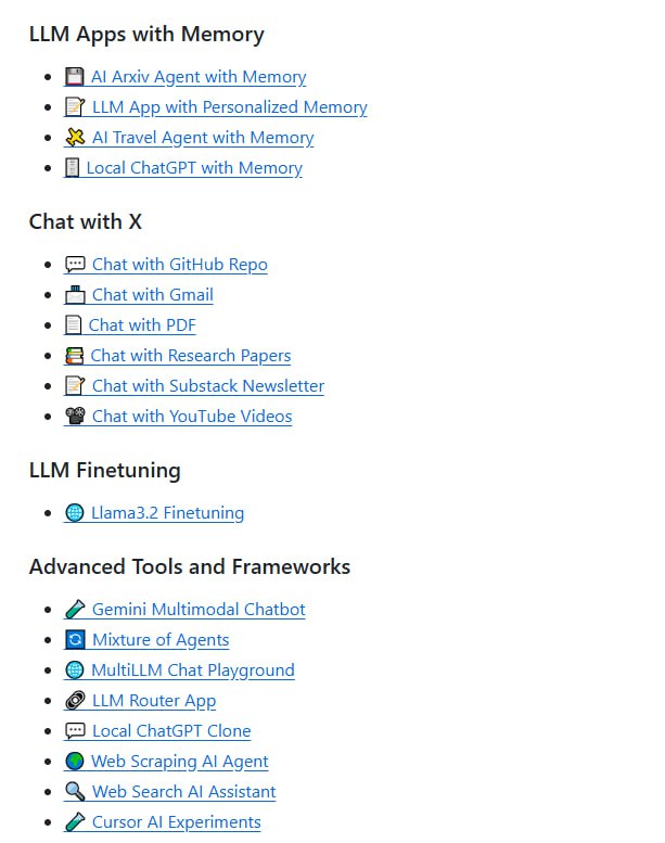 Awesome LLM Apps这个GitHub项目主要收集了使用大型语言模型(LLM)构建的各种应用程序，目的就是展示和分享那些结合了RAG(检索增强生成)和AI智能体技术的优秀LLM应用案例