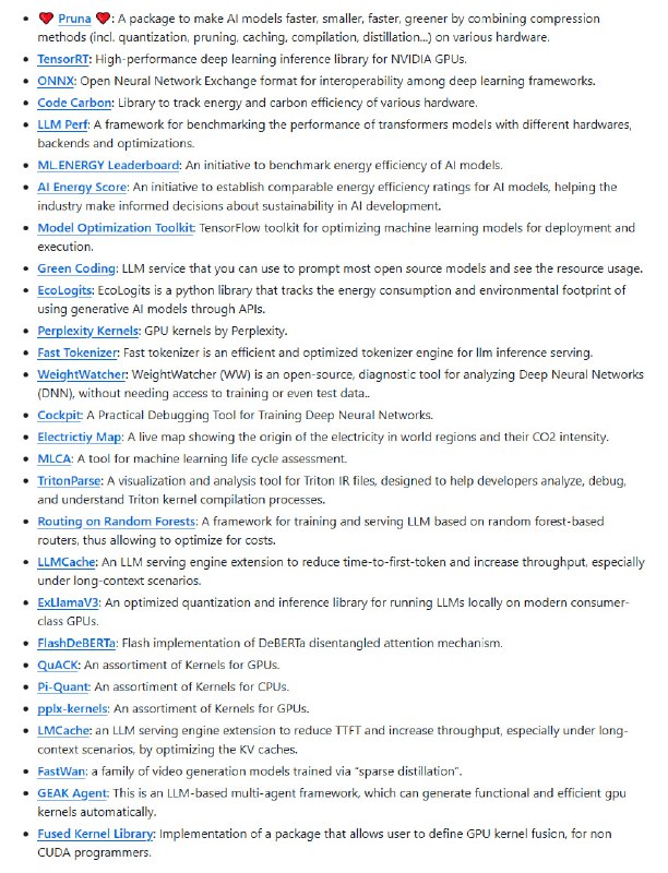 Awesome AI Efficiency：AI效率全景指南，助力打造更快、更小、更环保的智能系统🌿• 涵盖量化、剪枝、缓存、蒸馏、分解、编译、多参数微调、推理优化等核心技术  • 结合专用硬件与训练加速，提升模型执行速度，降低能耗与成本  • 深度解读AI能耗现状：单次查询能耗高达3-40Wh，1亿用户每天发起10亿次请求，背后环境代价惊人  • 多维度工具集成：Pruna、TensorRT、ONNX、Code Carbon等，助力模型压缩与绿色计算  • 丰富资源库：论文、报告、文章、博客、书籍、课程全覆盖，追踪行业最新进展与最佳实践Awesome AI Efficiency：AI效率全景指南，助力打造更快、更小、更环保的智能系统🌿• 涵盖量化、剪枝、缓存、蒸馏、分解、编译、多参数微调、推理优化等核心技术  • 结合专用硬件与训练加速，提升模型执行速度，降低能耗与成本  • 深度解读AI能耗现状：单次查询能耗高达3-40Wh，1亿用户每天发起10亿次请求，背后环境代价惊人  • 多维度工具集成：Pruna、TensorRT、ONNX、Code Carbon等，助力模型压缩与绿色计算  • 丰富资源库：论文、报告、文章、博客、书籍、课程全覆盖，追踪行业最新进展与最佳实践