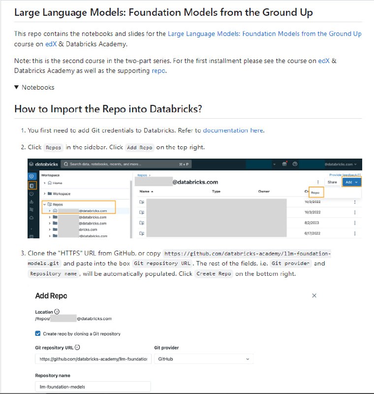 edX和Databricks Academy的大型语言模型课程资料和幻灯片 | Large Language Models此存储库包含edX和 Databricks Academy上的“大型语言模型：从底层开始的基础模型”课程的笔记本和幻灯片
