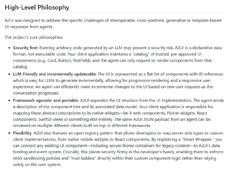 A2UI: Agent-to-User Interface很多智能代理在生成丰富用户界面时常常受限于安全和跨平台问题，难以直接输出交互式UI
