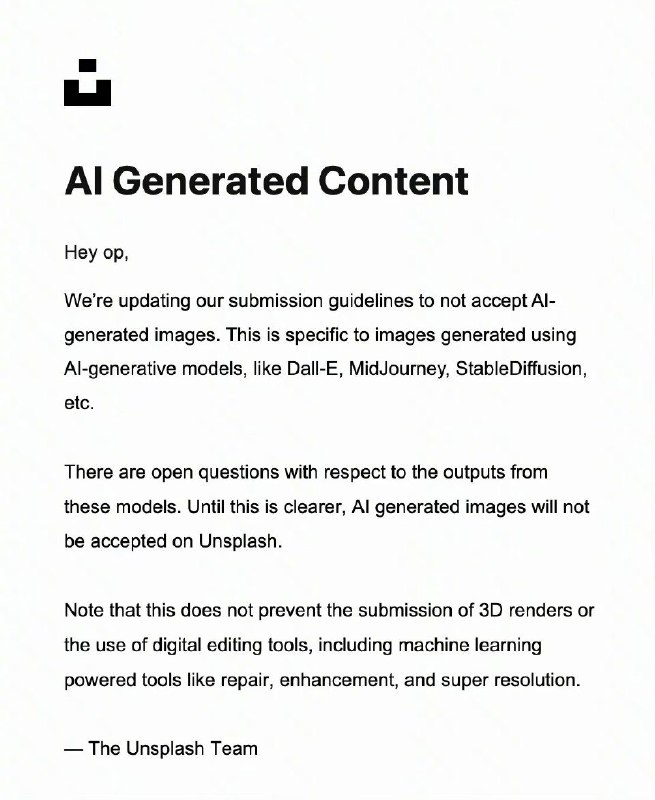 知名免费图库unsplash宣布禁止上传由AI生成的图此外还有Getty image、Newgrounds、PurplePort和FurAffinity等等图库也禁止了AI图片的上传