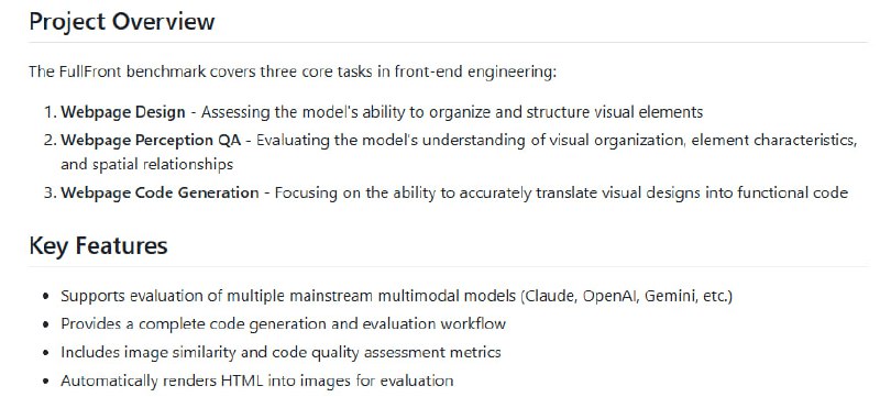 FullFront：面向多模态大语言模型（MLLM）的前端工程全流程基准测试平台，覆盖设计、理解与代码生成三大核心任务